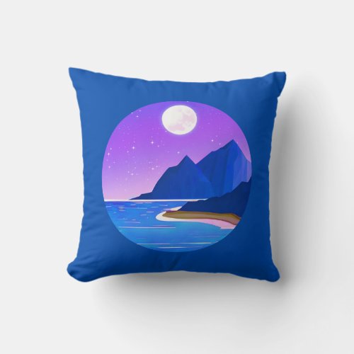 Moon Stars Sea and Mountains in Violet and Blue  Throw Pillow