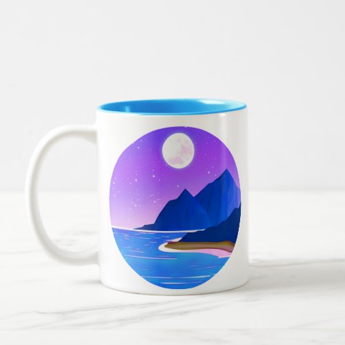 Moon Stars Sea and Mountains in Violet and Blue  Two_Tone Coffee Mug