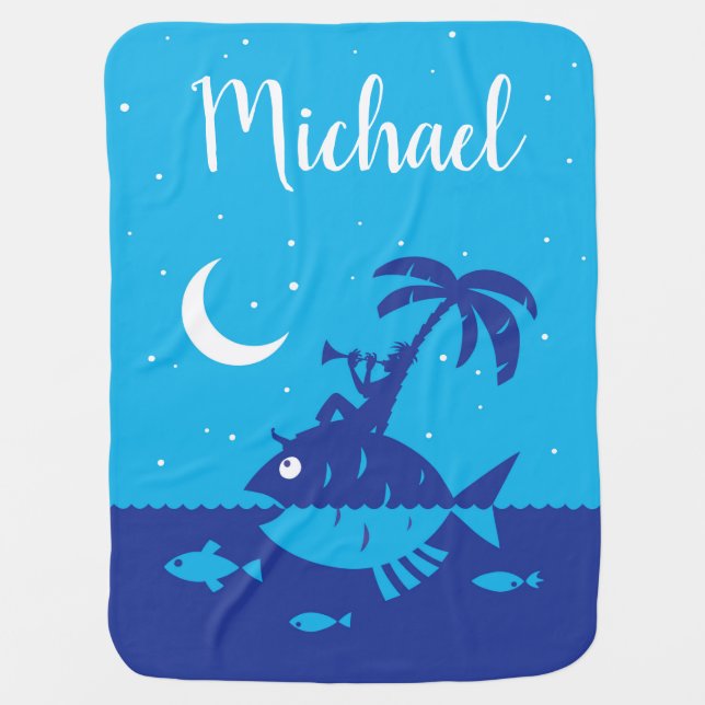 Moon Stars Sea Fish Island Lullaby Baby Blanket (Front)