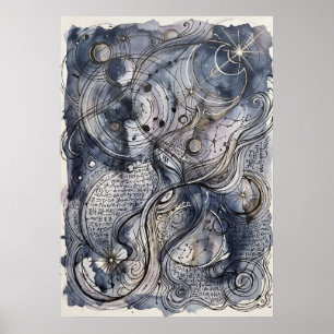 Moon Stars Spirit Energy Drawing Poster