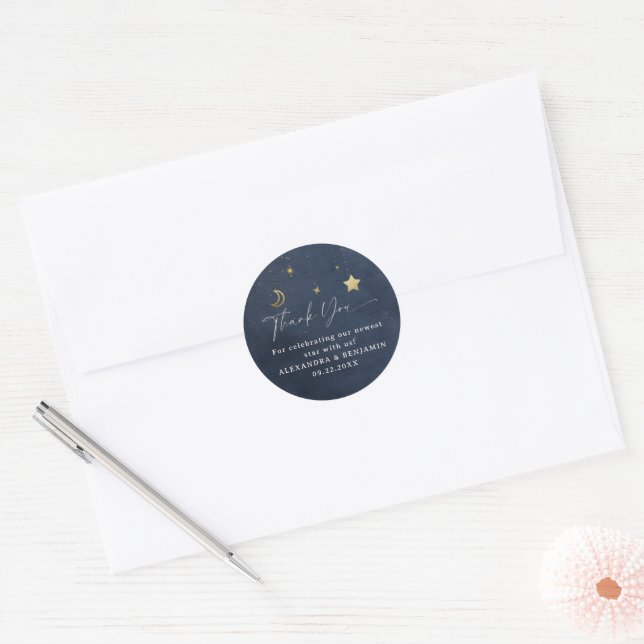 Moon Stars Starry Night Navy Blue Gold Baby Shower Classic Round Sticker (Envelope)