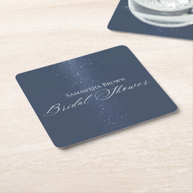 Moon Stars & String Lights Bridal Shower Square Paper Coaster (Angled)