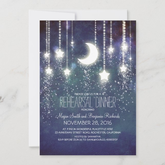 Moon Stars & String Lights Rehearsal Dinner Invitation (Front)