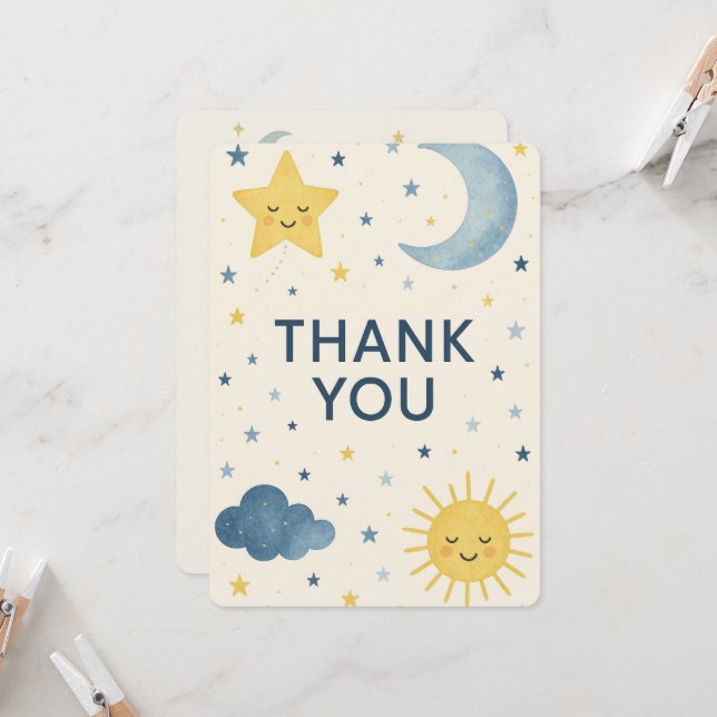 Moon, Stars & Sun Celestial Baby Shower Thank You Invitation (Front/Back In Situ)