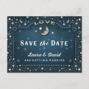 Moon & Stars Teal Gold & White Save Date Postcard