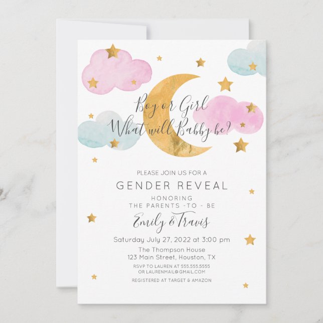Moon & Stars theme Gender Reveal Boy or Girl Invitation (Front)