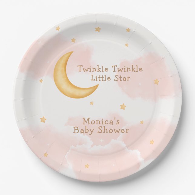 Moon Stars Twinkle Twinkle Girl Baby Shower Paper Plates (Front)