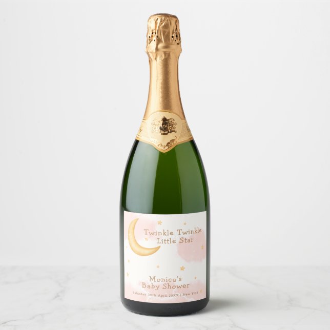 Moon Stars Twinkle Twinkle Girl Baby Shower Sparkling Wine Label (Front)