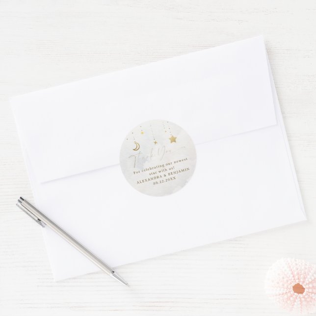 Moon Stars Twinkle White Clouds Coed Baby Shower Classic Round Sticker (Envelope)