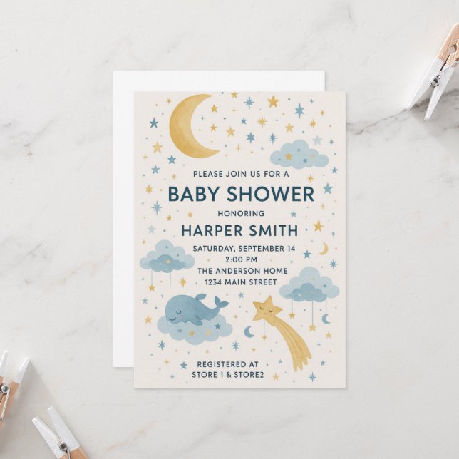 Moon, Stars & Whimsical Sky Celestial Baby Shower Invitation (Front/Back In Situ)