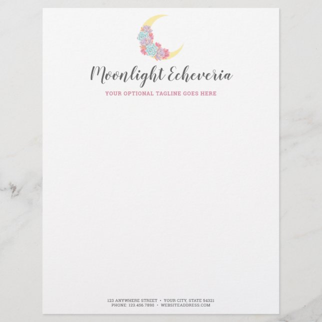 Moon & Succulents Pastel Mystic Boho Floral Cactus Letterhead (Front)