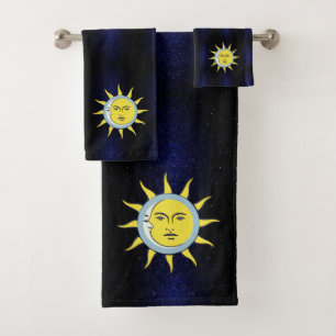 Moon & Sun Conjunction on Navy Blue Galaxy Bath Towel Set