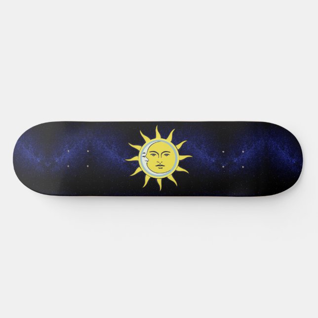Moon & Sun Conjunction on Navy Blue Galaxy Skatebo Skateboard (Horz)