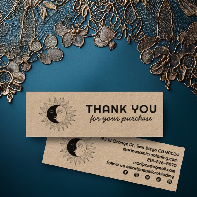 Moon & Sun Elegant Customer Thank You Kraft Mini Business Card (Kraft mini thank you for your order business cards to include with customer orders. Social icons sun)