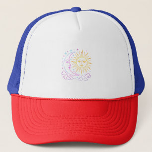 🌙☀️ Moon & Sun Neon Vintage Clouds – Retro Cosmic Trucker Hat