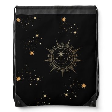 Moon Sun Stars Celestial Black Faux Gold Drawstring Bag