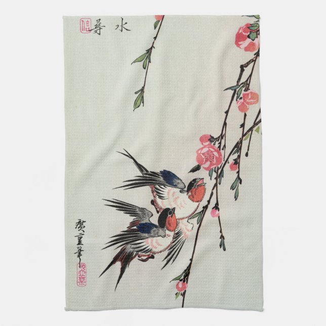 Moon, Swallows and Peach Blossoms Kitchen Towel (Vertical)