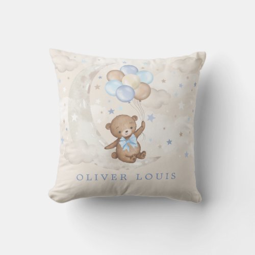 Moon Teddy Bear Blue Balloons Baby Boy Nursery Throw Pillow