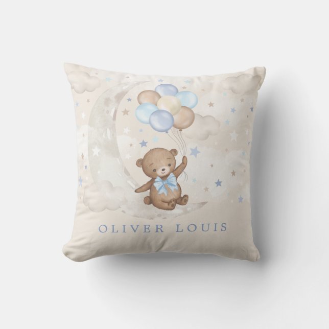 Moon Teddy Bear Blue Balloons Baby Boy Nursery Throw Pillow (Front)