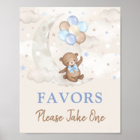 Moon Teddy Bear Blue Brown Balloons Favors Sign