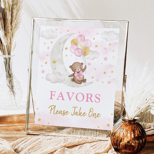 Moon Teddy Bear Pink Gold Balloons Favors Sign (Creator Uploaded)