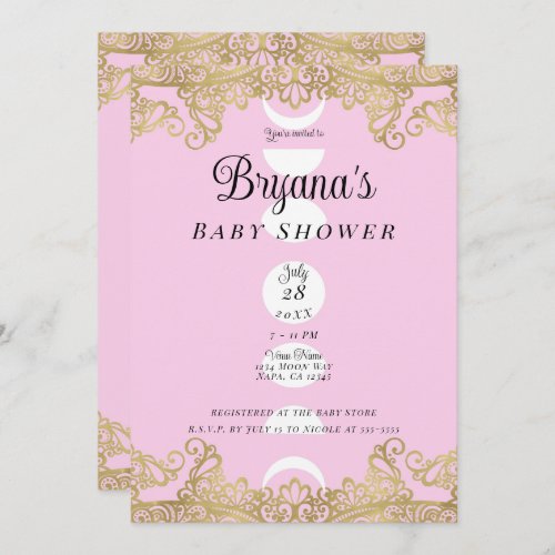 Moon Temple Pink  Gold Ornate Baby Shower Invitation