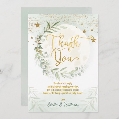 Moon Twinkle Stars Greenery Gold Baby Shower Thank You Card