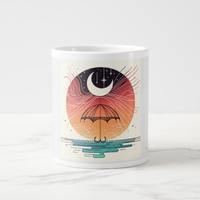 Moon & Umbrella Surreal Boho Line Giant Coffee Mug (Front)