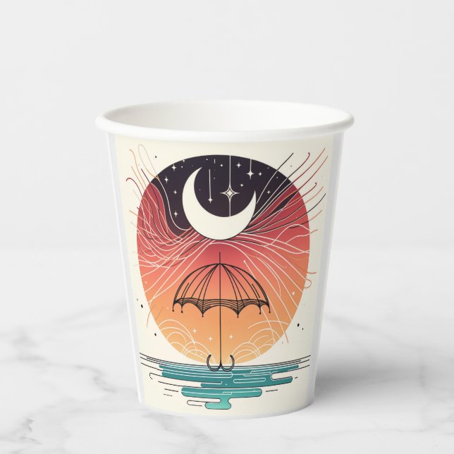 Moon & Umbrella Surreal Boho Line Paper Cups (Front)