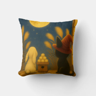 Moon Viewing Night – Black Cat and Rabbit under th Throw Pillow