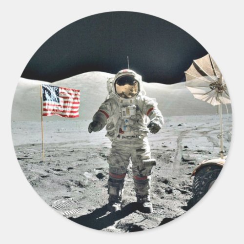 Moon Walk with American Flag Classic Round Sticker