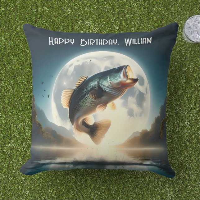 Moon Water & Bass Leaping Outdoor Pillow (Grass)