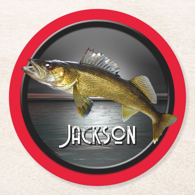 Moon Water & Walleye Pike Blue Round Paper Coaster (Front)