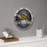 Moon Water & Walleye Pike    Large Clock<br><div class="desc">A walleye pike is superimposed over a moon rising over a lake and the text  fish "your state/country."</div>