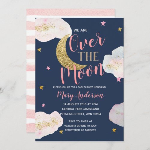 Moon Watercolor Pink and Gold Baby Shower Invitation