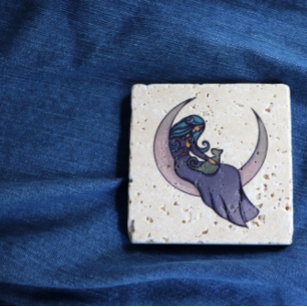 Moon Witch MoonChild Pagan Wicca Art Stone Coaster