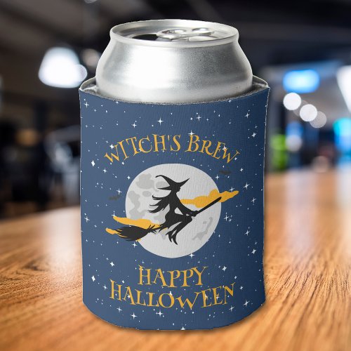 Moon Witch Riding Broom Witchs Brew Halloween Can Cooler