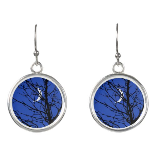 Moon with Tree Cobalt Blue Black and White Earrings
