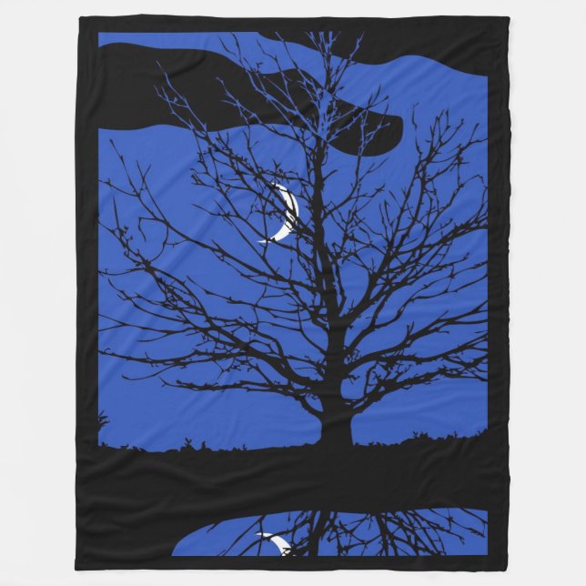 Moon with Tree, Cobalt Blue, Black and White Fleece Blanket (Front)
