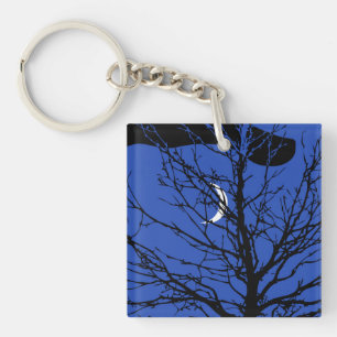 Moon with Tree, Cobalt Blue, Black and White Keychain
