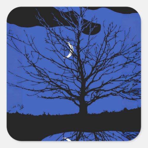 Moon with Tree Cobalt Blue Black and White Square Sticker