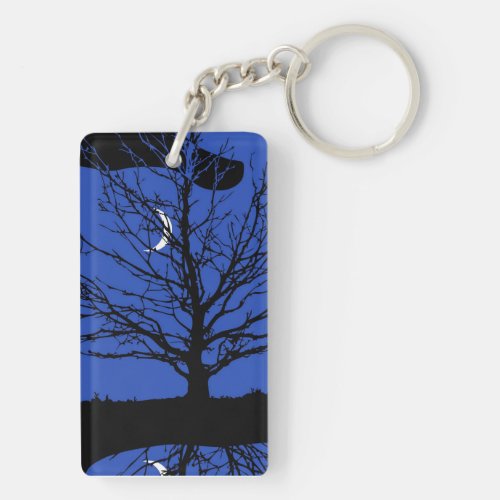 Moon with Tree Deep Blue Black and White Keychain