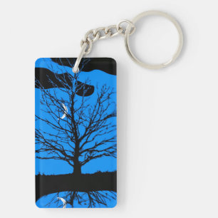 Moon with Tree, Deep Blue, Black and White Keychain