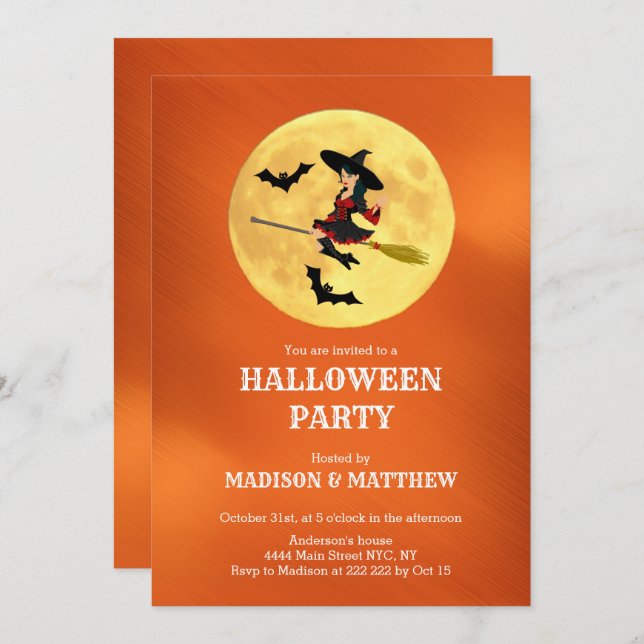 Moon With Witch And Bats Invitation (Front/Back)