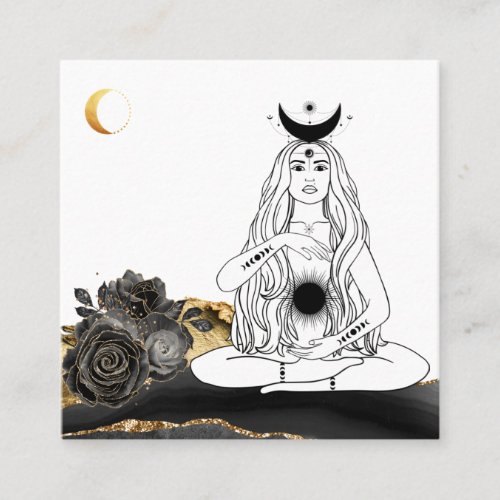  Moon Yoga Luna Rose Goddess Black Gold Square Business Card