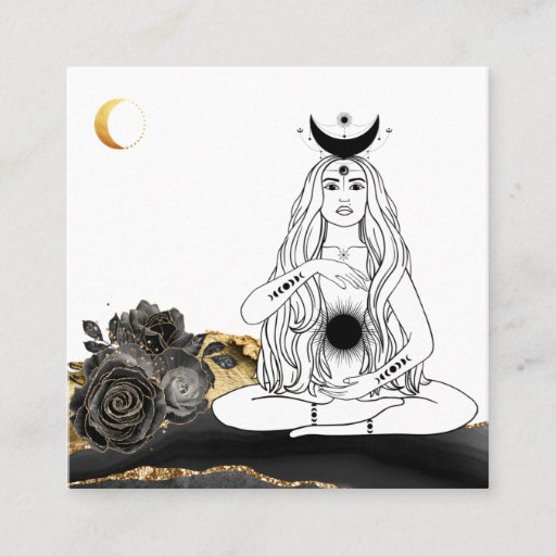 Customizable *~* Moon Yoga Luna Rose Goddess Black Gold Square Business Card