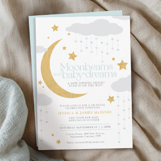 Moonbeams and baby dreams blue baby shower invitation