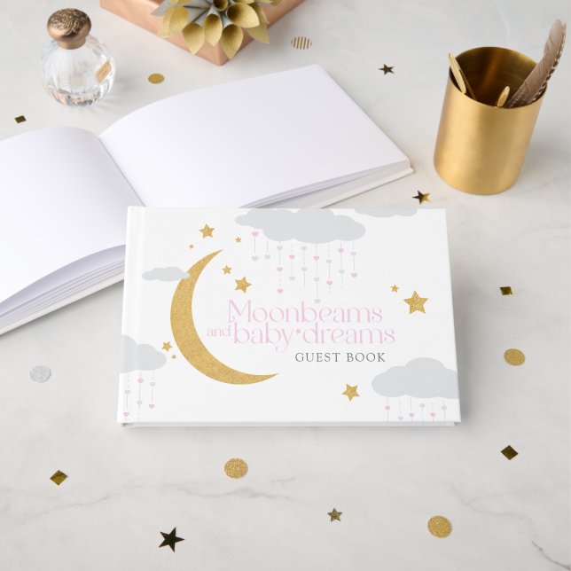 Moonbeams and baby dreams pink baby shower  guest book (Front Open)