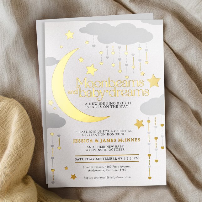 Moonbeams baby dreams gray gold foil baby shower  invitation (Creator Uploaded)