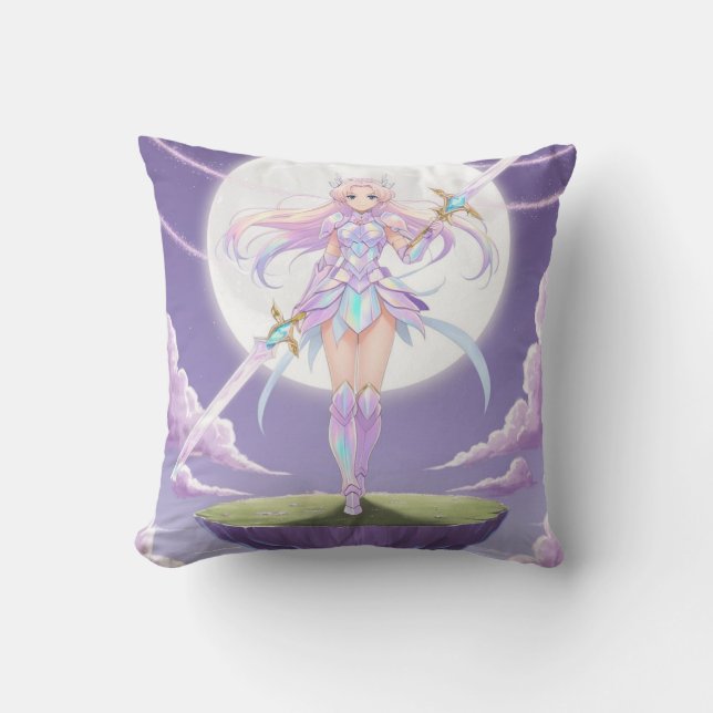 Moonblade Warrior Throw Pillow – Pastel Anime Girl (Front)